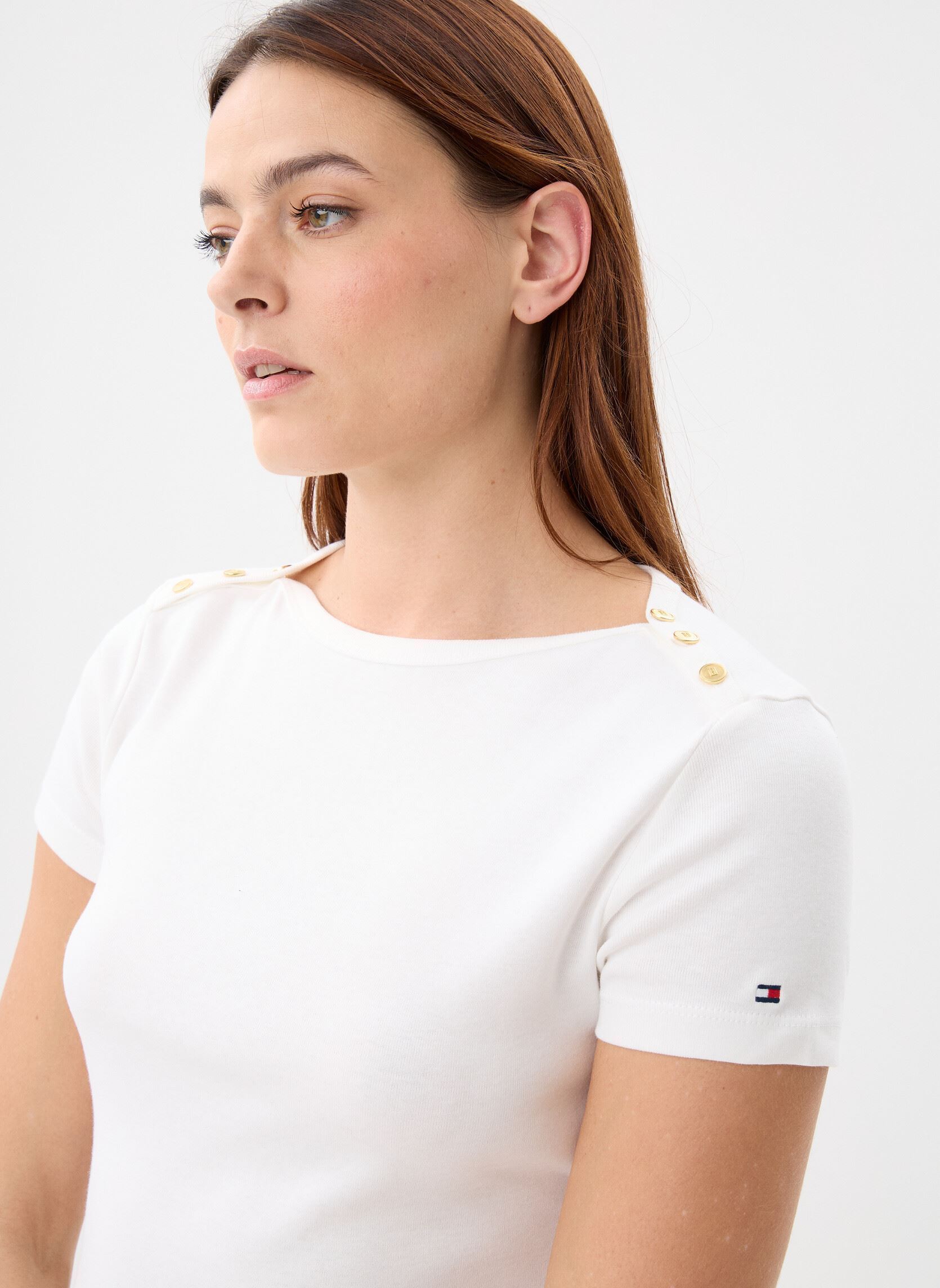 Kurzarm-T-Shirts Gold Button Slim Tee WW0WW4925 damen weiß Tommy Hilfiger Kurzarm-T-Shirts Gold Button Slim Tee WW0WW4925 damen weiß ECRU
