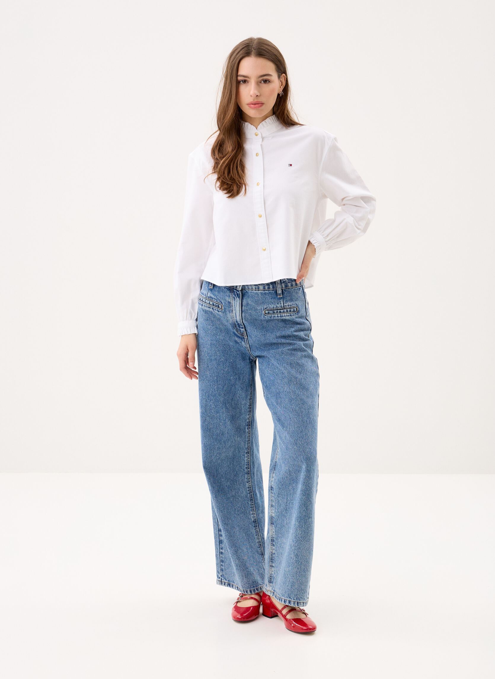 Blouses manches longues Oxford Crop Ruffle L femme blanc Tommy Hilfiger Blouses manches longues Oxford Crop Ruffle L femme blanc OPTIC WHITE