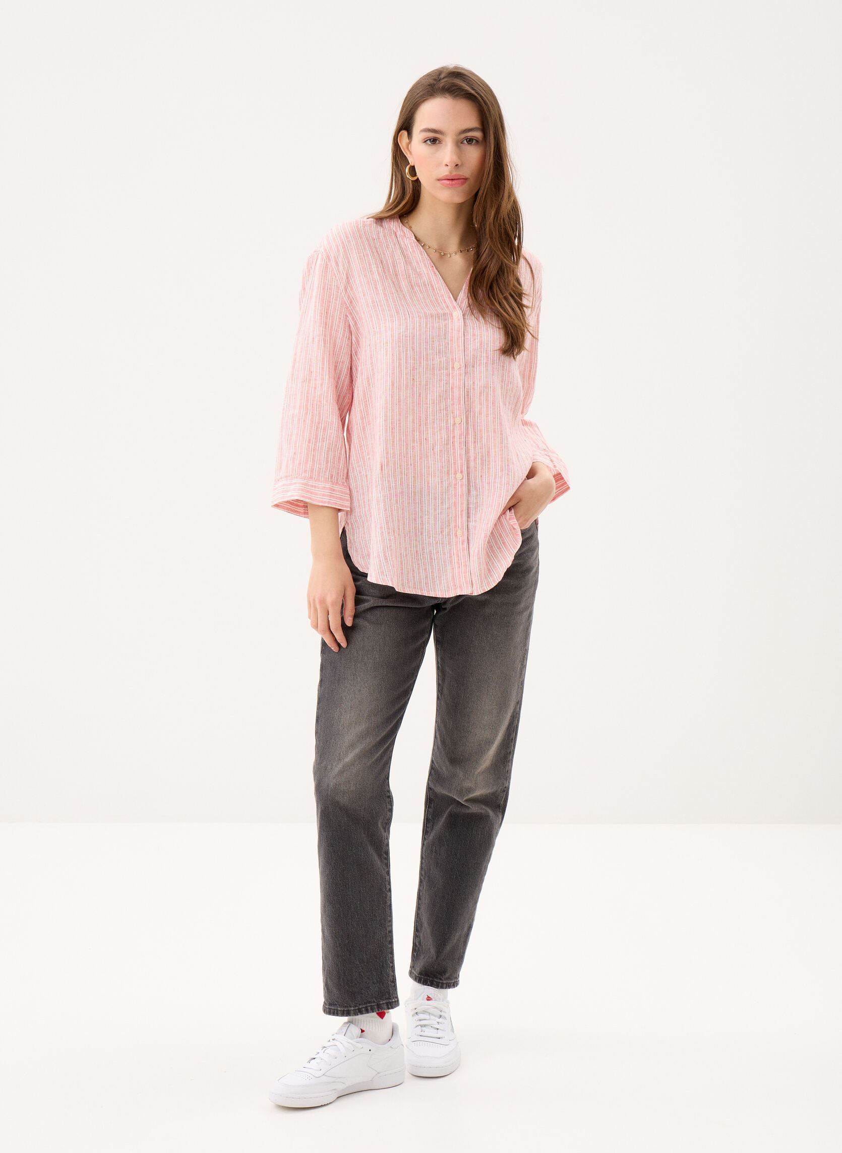 Chemises manches longues Ess Linen Collarless WW0WW48926 femme rouge Tommy Hilfiger Chemises manches longues Ess Linen Collarless WW0WW48926 femme rouge CHALK STP ECRU FIREWORKS