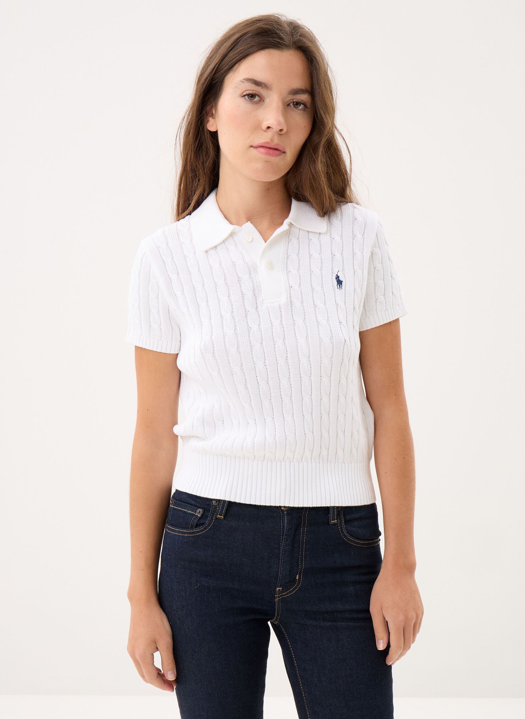 Pulls Pull torsadé à manches courtes en coton femme blanc Polo Ralph Lauren Pulls Pull torsadé à manches courtes en coton femme blanc WHITE