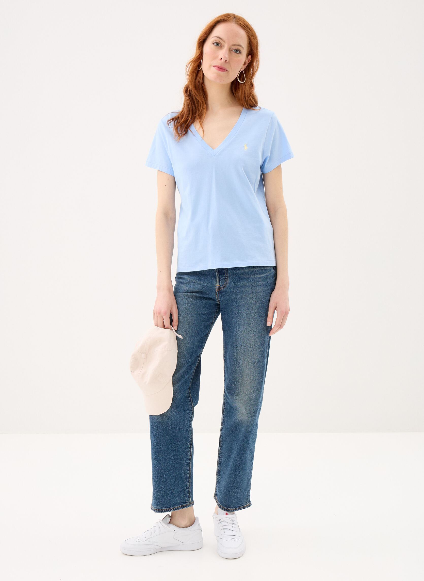 Tee-shirts T shirt col en V en jersey femme bleu Polo Ralph Lauren Tee-shirts T shirt col en V en jersey femme bleu BABY BLUE