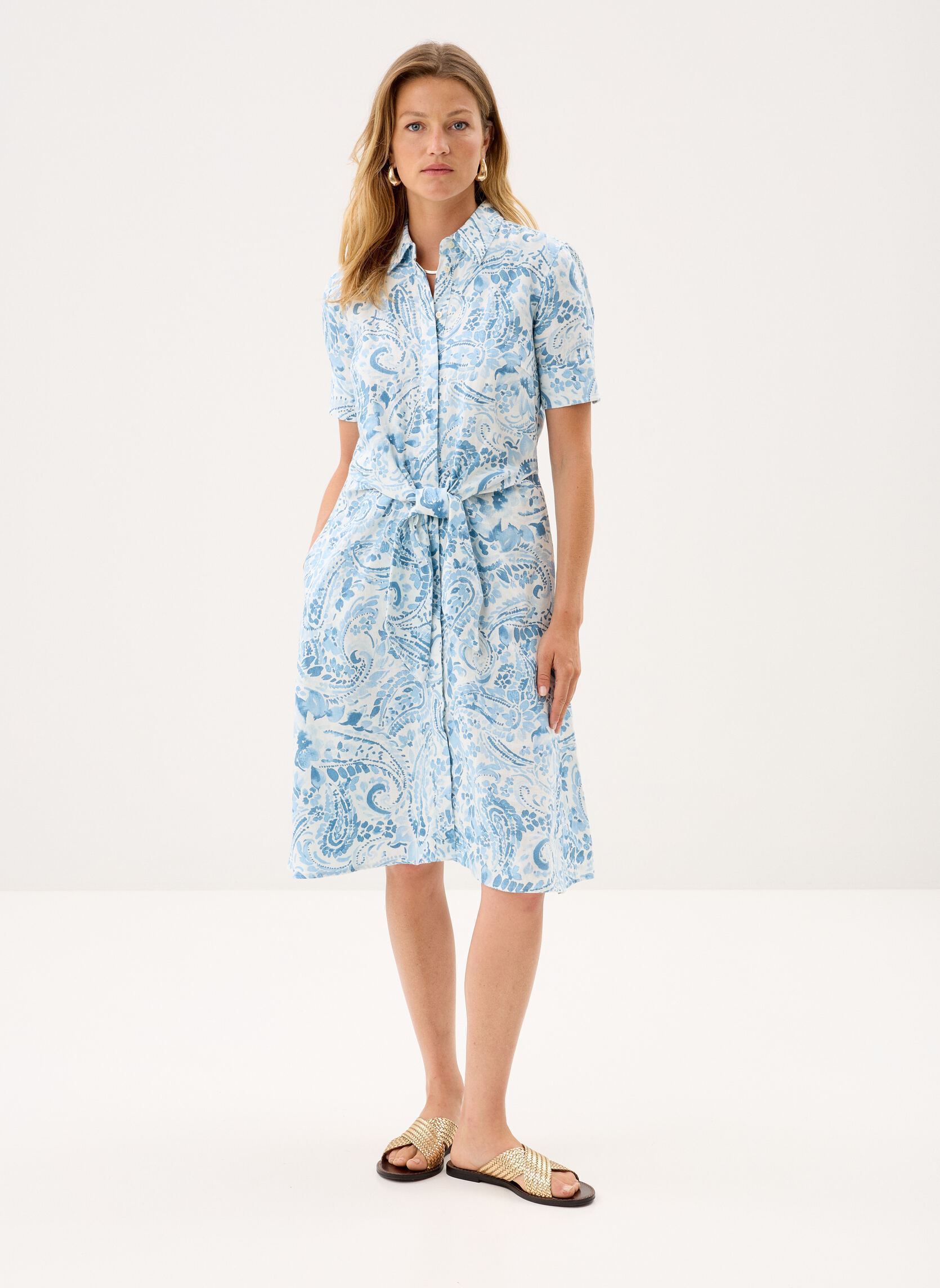 Hemdkleider Robe chemise nouée devant en lin damen blau Lauren Ralph Lauren Hemdkleider Robe chemise nouée devant en lin damen blau WHITE/BLUE