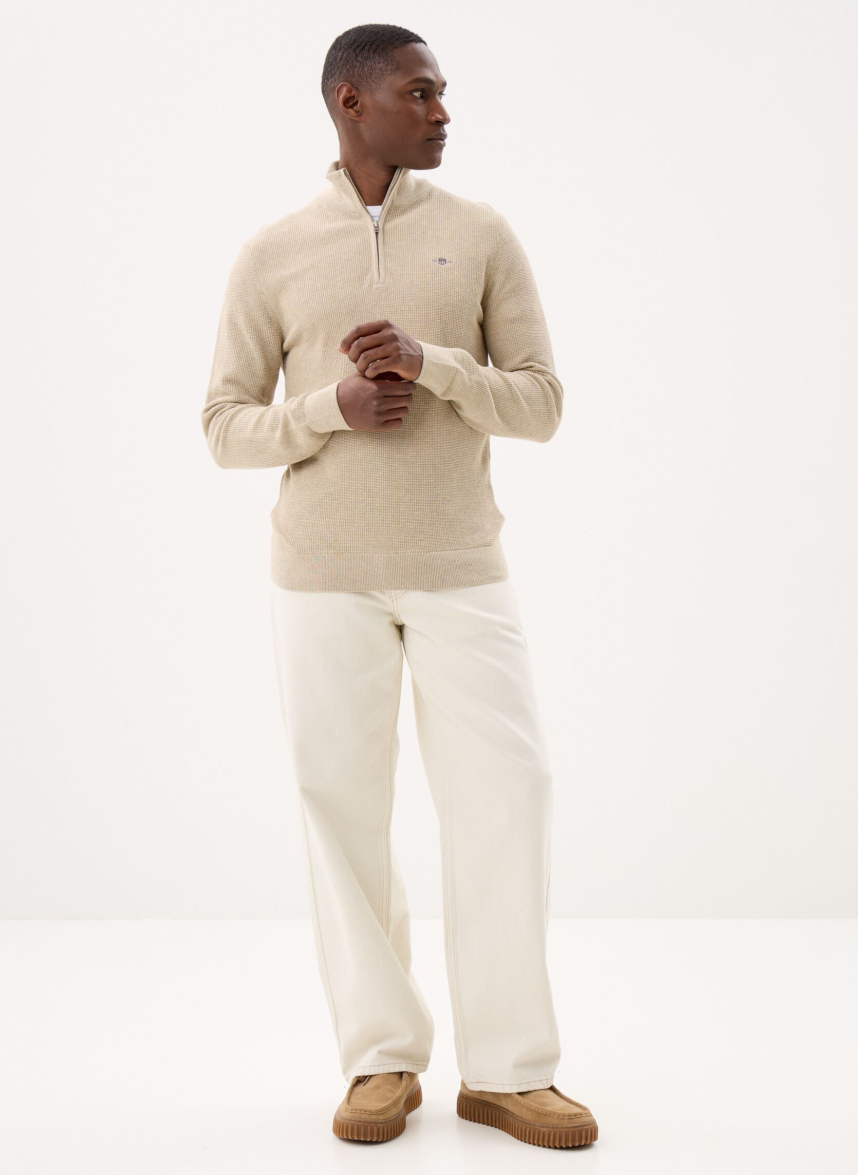 Pulls Micro Textured Cotton Half Zip homme beige GANT Pulls Micro Textured Cotton Half Zip homme beige OAT MELANGE