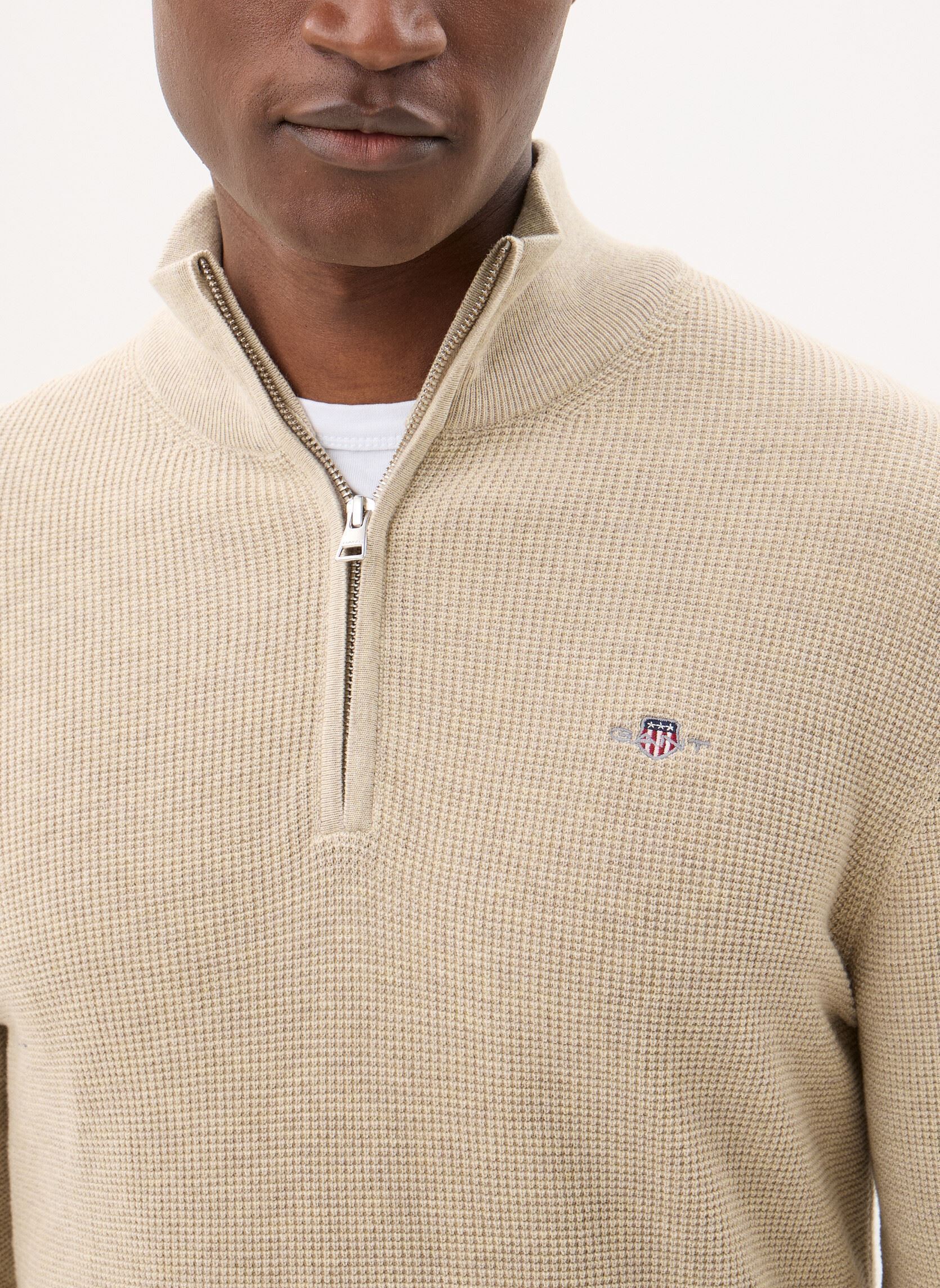 Pulls Micro Textured Cotton Half Zip homme beige GANT Pulls Micro Textured Cotton Half Zip homme beige OAT MELANGE