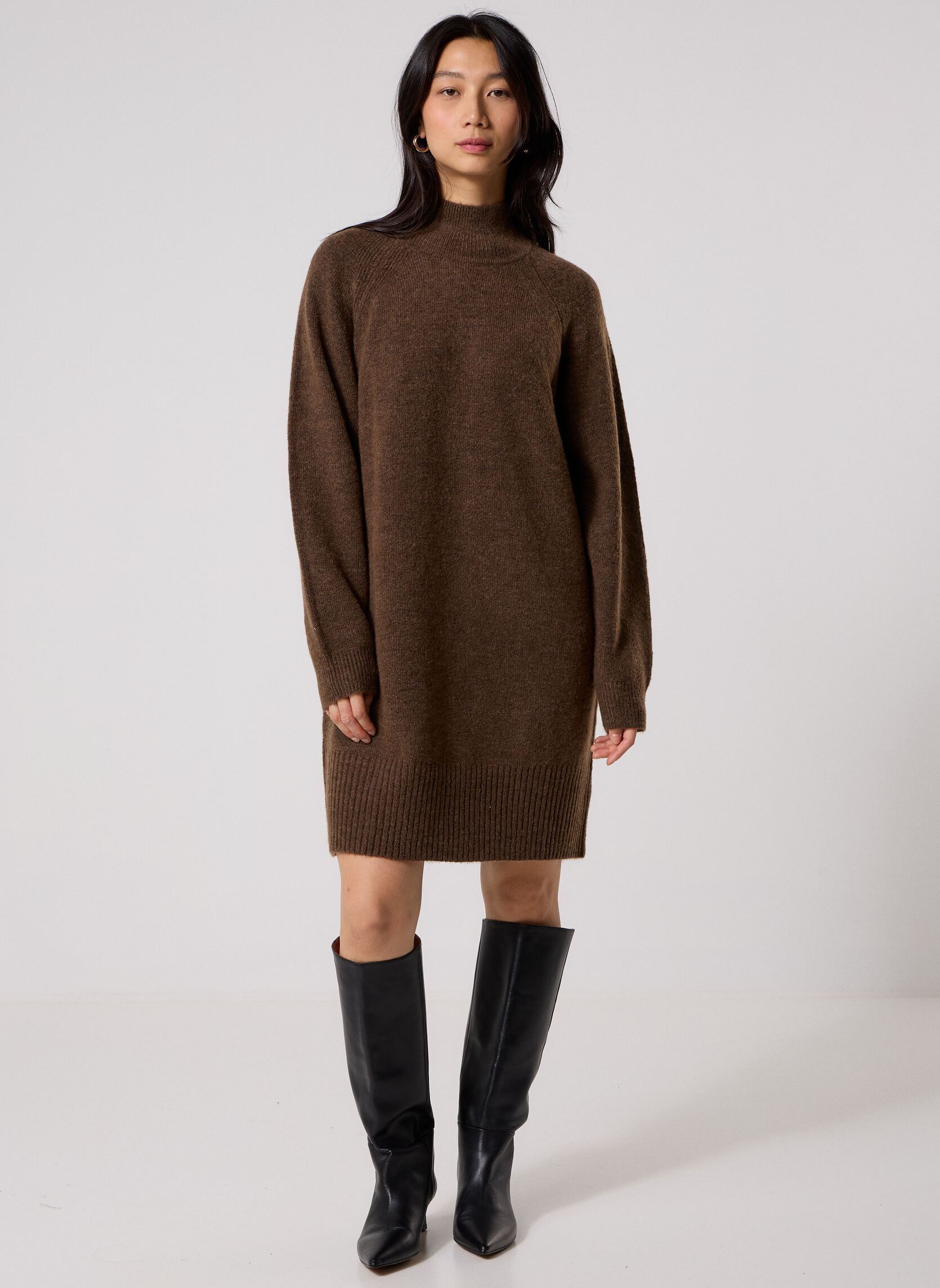 Gebreide jurk RPULCOL2 dames bruin MADE BY Gebreide jurk RPULCOL2 dames bruin MELANGE CHESNUT