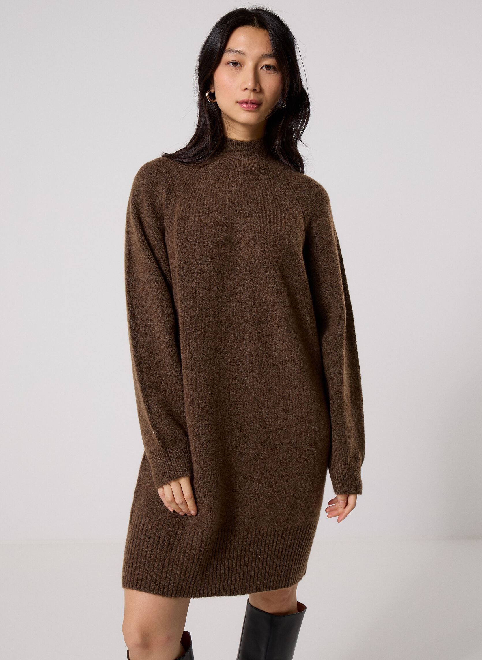 Gebreide jurk RPULCOL2 dames bruin MADE BY Gebreide jurk RPULCOL2 dames bruin MELANGE CHESNUT