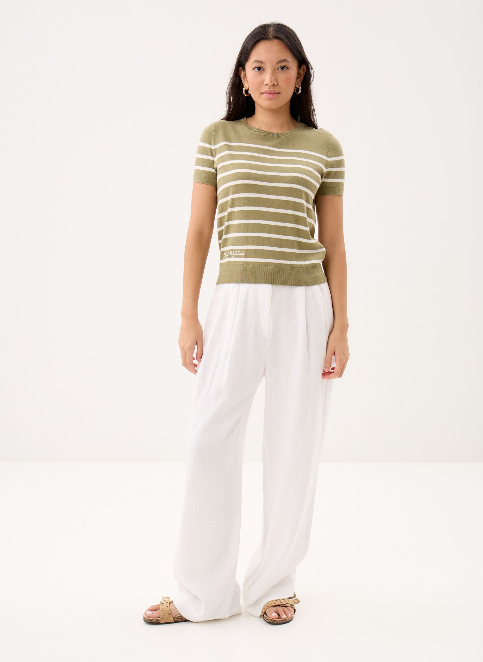 Pulls Pull manches courtes rayé 200P13973001 femme kaki Lauren Ralph Lauren Pulls Pull manches courtes rayé 200P13973001 femme kaki LIGHT AGAVE/MASCARPONE CREAM