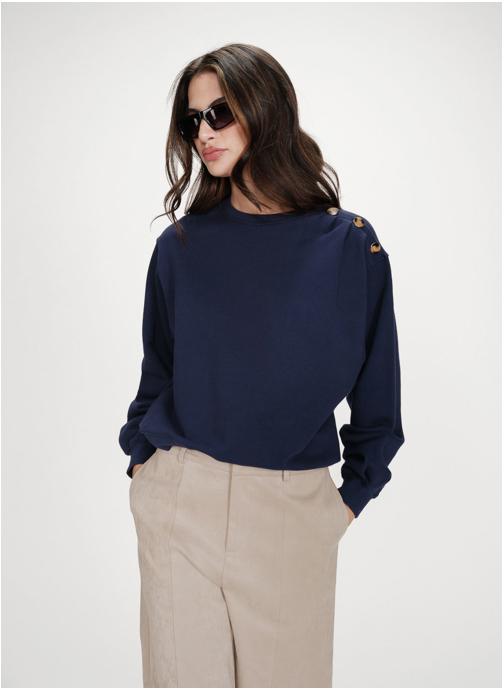 Grace & Mila Tops Sweatshirt col rond avec plis et boutons marine Vonan femme bleu