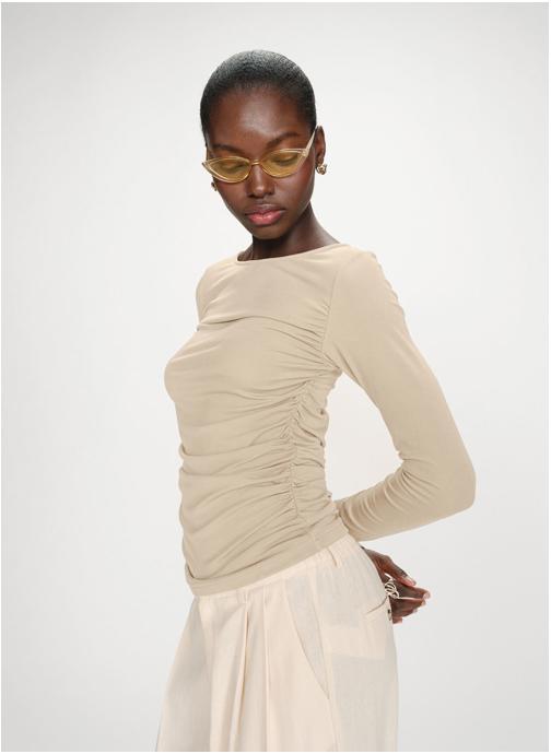 Grace & Mila Tops Top manches longues drapé col bateau sable Valeda femme beige