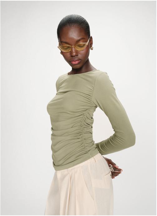Grace & Mila Tops Top manches longues drapé col bateau sauge Valeda femme vert