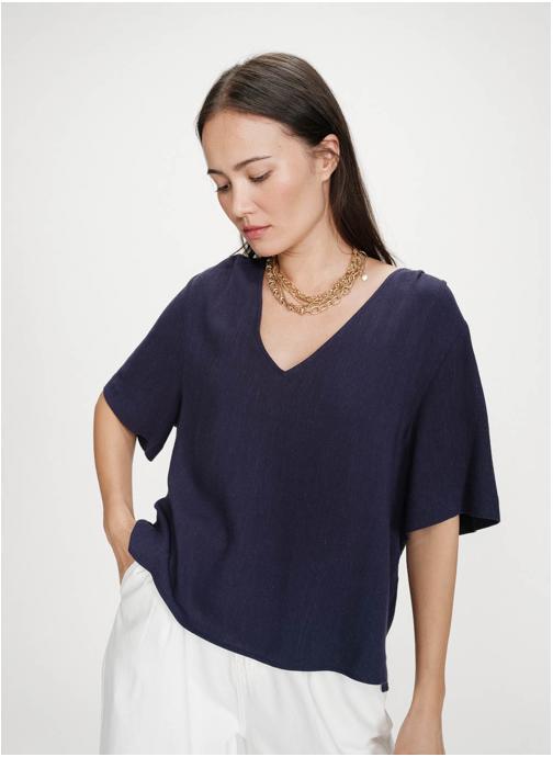 Grace & Mila Tops Top manches courtes fluide col V marine Violon femme bleu