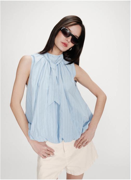 Grace & Mila Tops Top ballon en popeline rayé col noué bleuet Vanya femme bleu