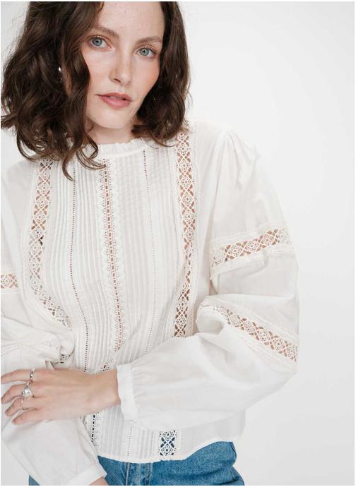 Grace & Mila Tops Blouse col à volants avec dentelle ivoire Velma femme beige