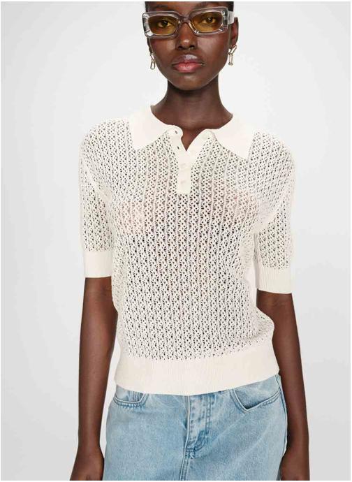 Grace & Mila Tops Cardigan en maille ajourée col chemise ecru Vadim femme beige