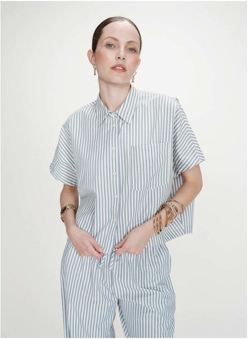 Grace & Mila Tops Chemise large à rayures manches courtes bleuet Vercia femme bleu