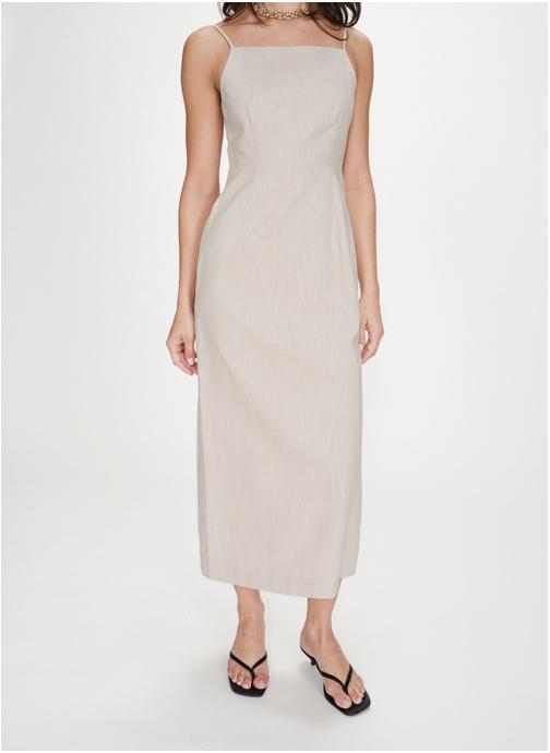 Grace & Mila Robes Robe longue en lin ajustée col carré sable Veranys femme beige
