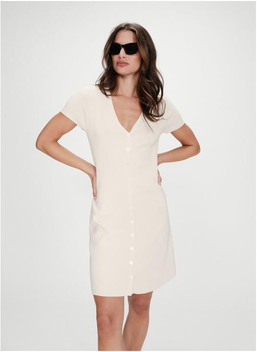 Grace & Mila Robes Robe courte en maille boutonnée col V ecru Venezuela femme beige