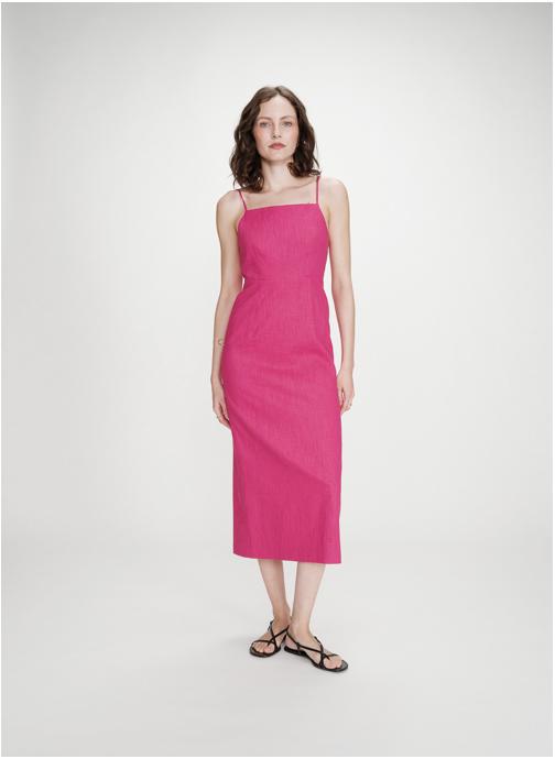 Grace & Mila Robes Robe longue en lin ajustée col carré fuchsia Veranys femme rose