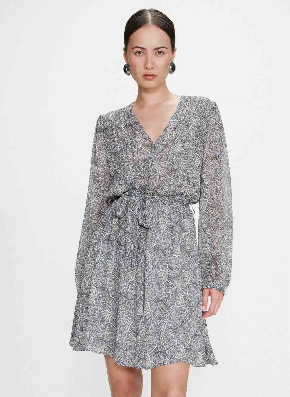 Robes Robe courte évasée col V manches longues ciel Violette femme bleu Grace & Mila Robes Robe courte évasée col V manches longues ciel Violette femme bleu Bleu ciel