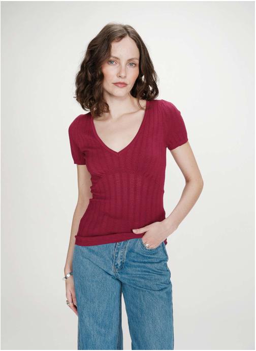 Grace & Mila Tops Pull ajusté à fronces manches courtes col V pivoine Velyor femme rose