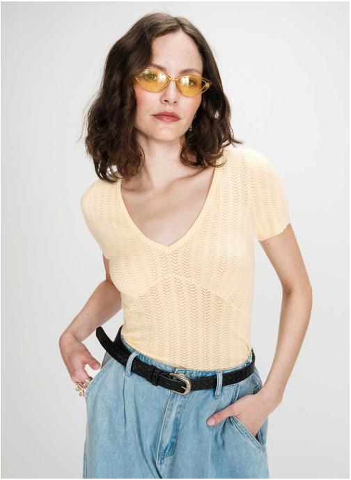 Grace & Mila Tops Pull ajusté à fronces manches courtes col V vanille Velyor femme beige