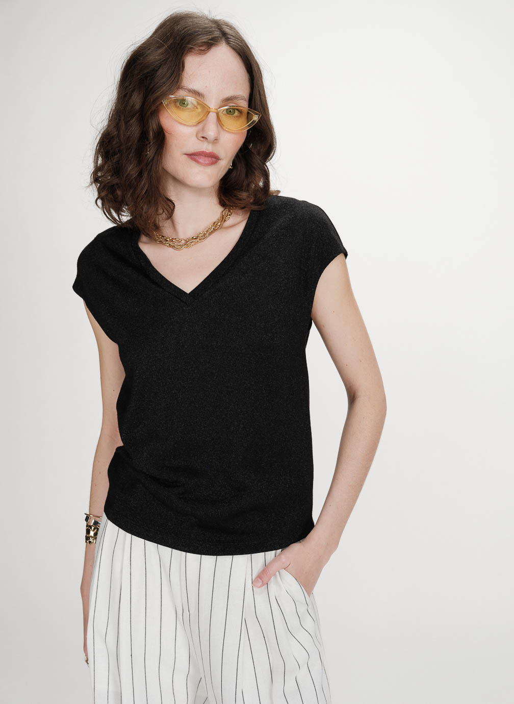 Tops Top col V manches courtes en lurex noir Valsons femme noir Grace & Mila Tops Top col V manches courtes en lurex noir Valsons femme noir Noir