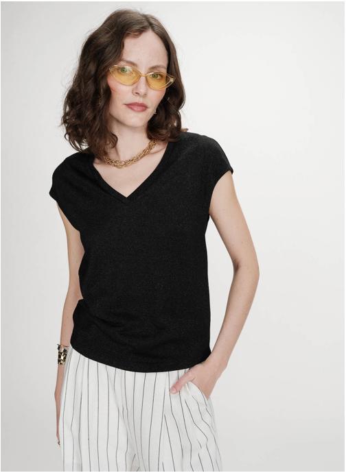 Grace & Mila Tops Top col V manches courtes en lurex noir Valsons femme noir