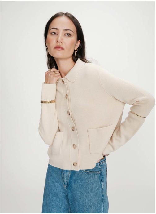 Grace & Mila Tops Cardigan boutonné à col chemise avec poches amande Maelys femme beige
