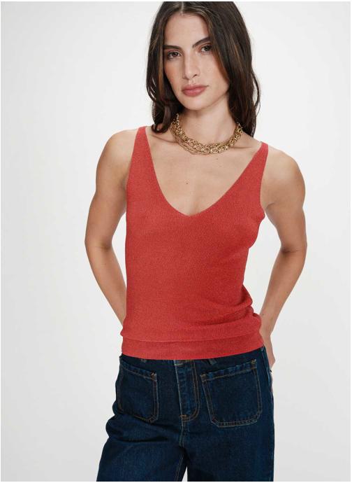Grace & Mila Débardeurs Top ajusté à bretelles col V en lurex sanguine Paillette femme rouge
