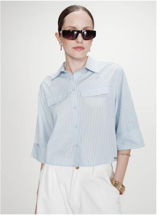 Grace & Mila Tops Chemise courte à rayures manches 3/4 ciel Voice femme bleu