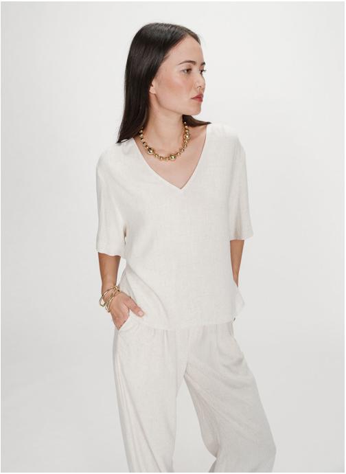 Grace & Mila Tops Top manches courtes fluide col V sable Violon femme beige