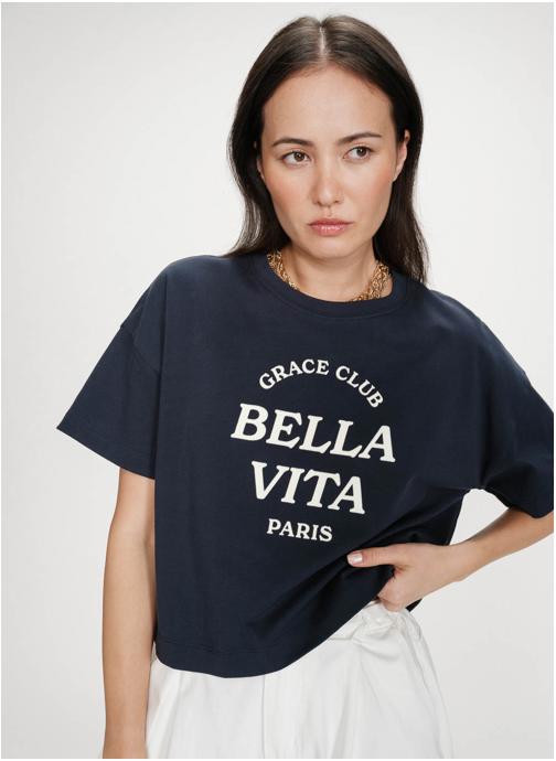 Grace & Mila Tops Top oversize en coton message imprimé marine Voss femme bleu