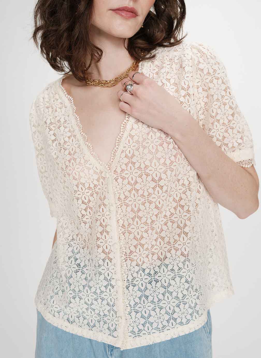 Tops Blouse en dentelle col V manches courtes amande Vicky femme blanc Grace & Mila Tops Blouse en dentelle col V manches courtes amande Vicky femme blanc Blanc