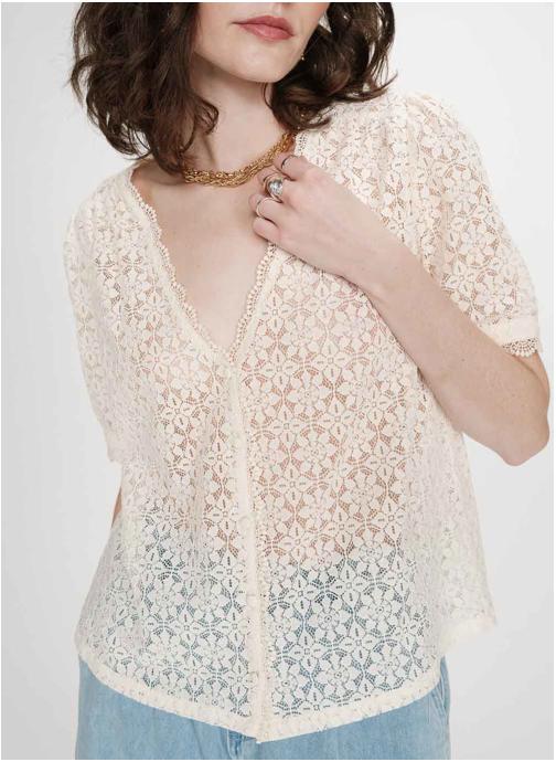 Grace & Mila Tops Blouse en dentelle col V manches courtes amande Vicky femme blanc