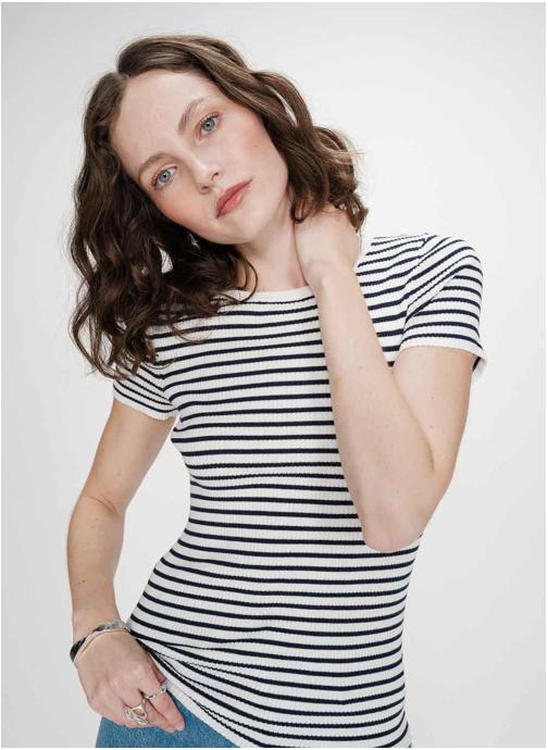 Grace & Mila Tops Pull en fine maille ajusté manches courtes marine Vendredi femme bleu
