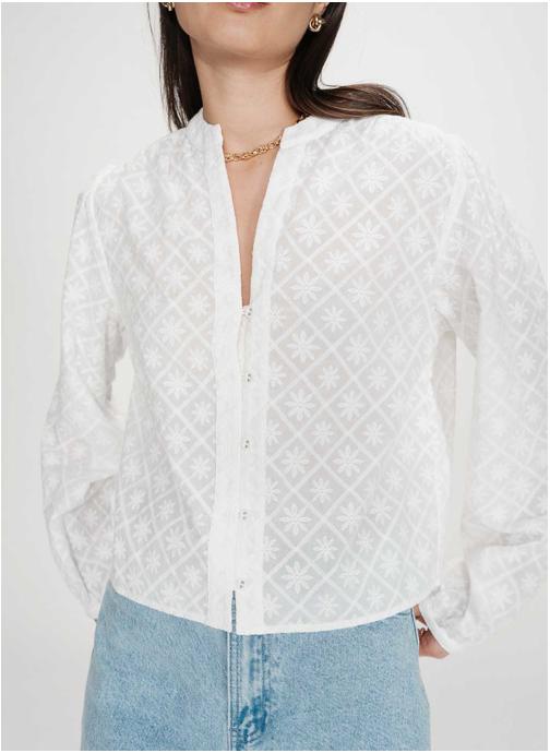 Grace & Mila Blouses Blouse broderie anglaise col mao en coton ivoire Vandita femme beige