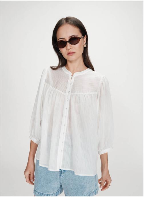 Grace & Mila Tops Blouse à manches ballons ample boutonnée ivoire Vanille femme beige