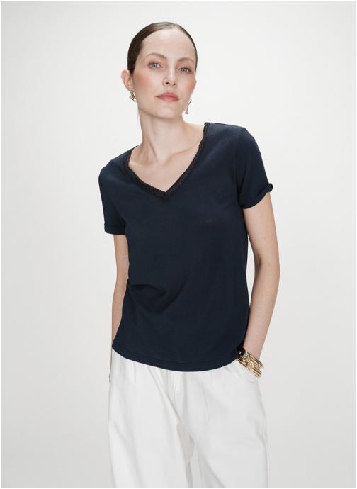 Grace & Mila Tops T-shirt col V manches courtes marine Vasco femme bleu