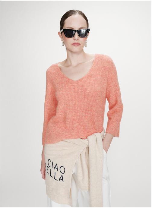 Grace & Mila Tops Pull oversize manches 3/4 col V corail Vicenzo femme orange