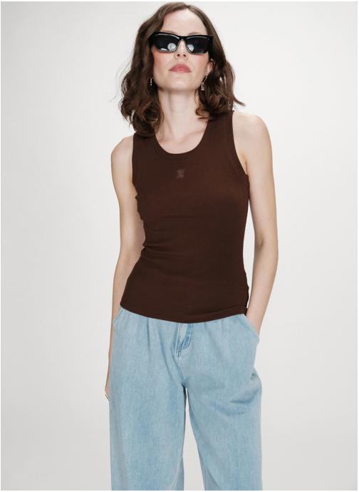 Grace & Mila Tops Débardeur ajusté brodé en jersey de coton chocolat Valou femme marron