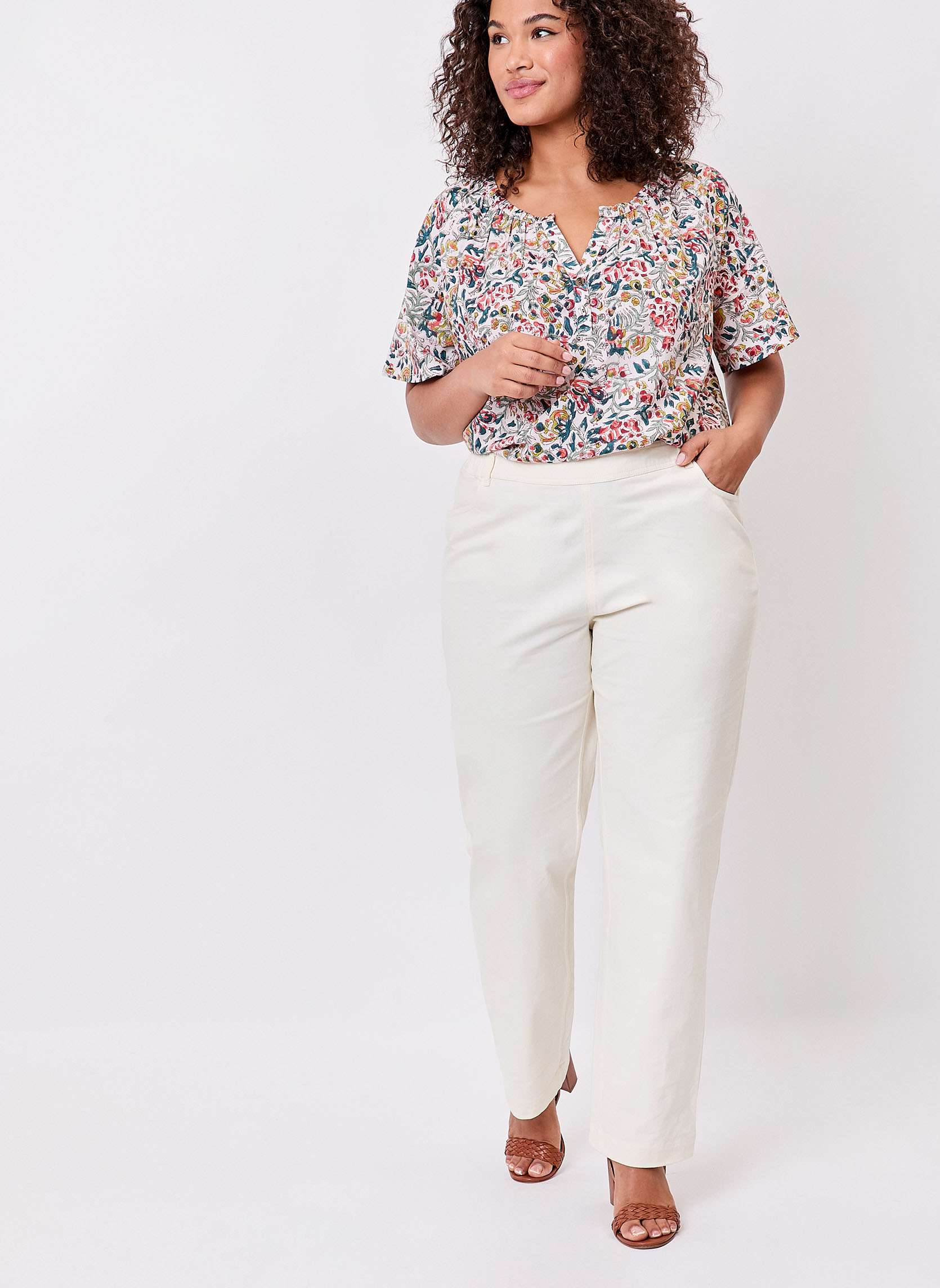 Pantalons droit Pantalon élastiqué uni coton stretch NIMI femme beige La Fiancée Pantalons droit Pantalon élastiqué uni coton stretch NIMI femme beige Ecru