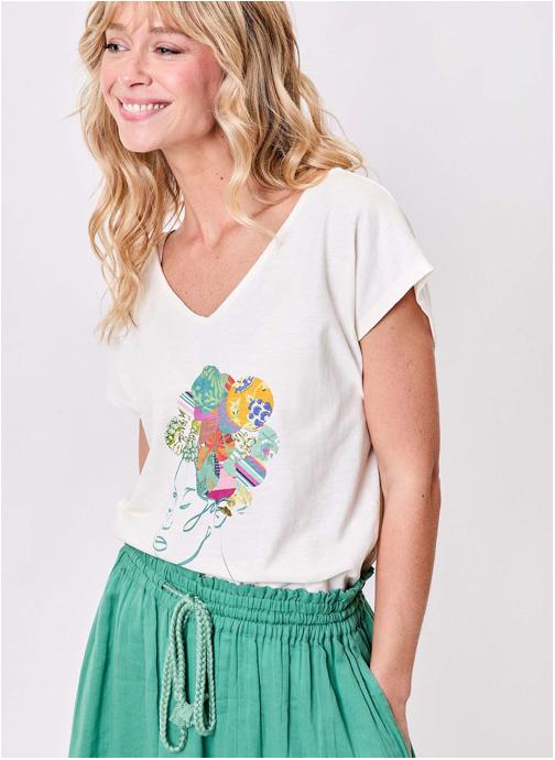 La Fiancée Tee-shirts T-shirt imprimé coton bio col V BACACIANE femme blanc