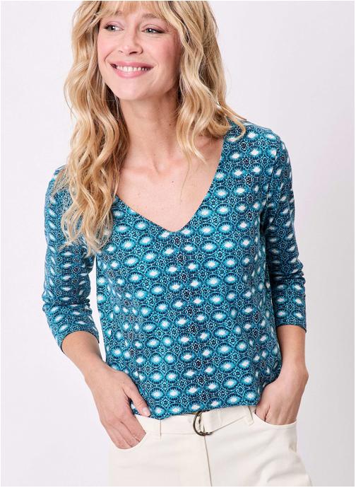 La Fiancée Tee-shirts T-shirt imprimé manches 3/4 coton bio GIANA femme bleu