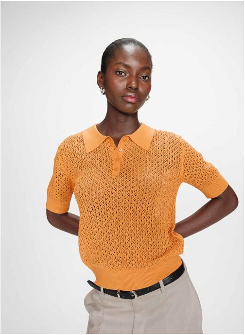 Grace & Mila Tops Polo en fine maille ajourée manches courtes gold Vathi femme orange