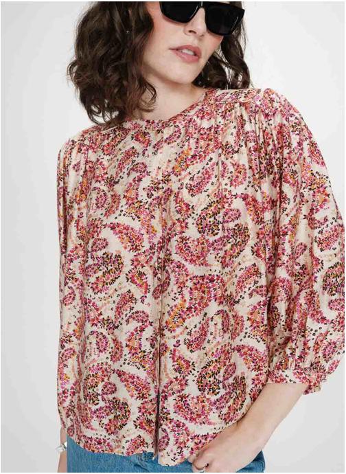 Grace & Mila Tops Blouse ample manches bouffantes imprimée florale peche Vezia femme orange