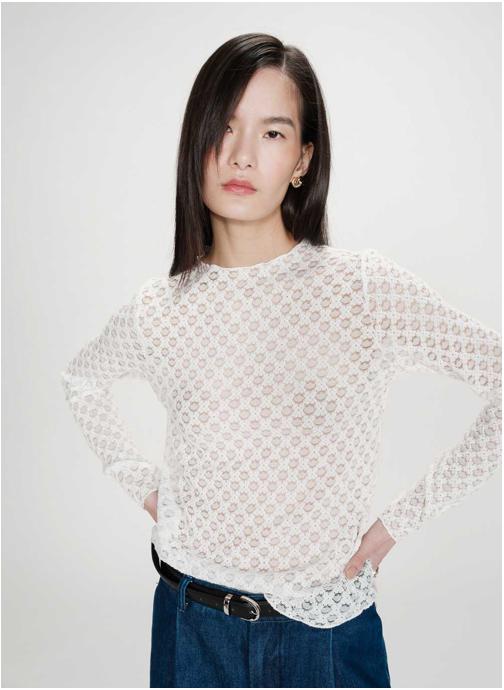 Grace & Mila Tops Top en dentelle transparent manches longues ivoire Valmy femme beige