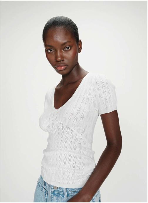 Grace & Mila Tops Pull ajusté à fronces manches courtes col V ivoire Velyor femme beige