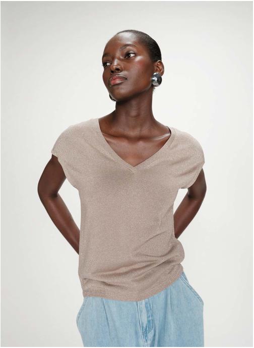 Grace & Mila Tops Top col V manches courtes en lurex grege Valsons femme beige