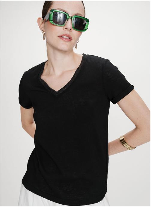Grace & Mila Tops T-shirt col V manches courtes noir Vasco femme noir