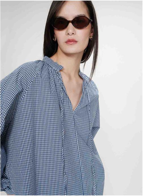 Grace & Mila Blouses Blouse à carreaux en coton col V oversize marine Varry femme bleu